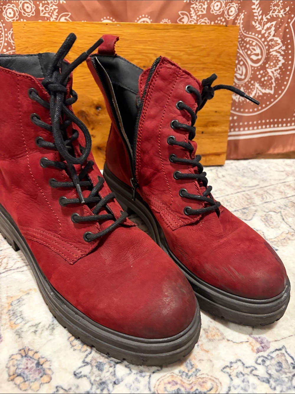 Women's Red Lace-Up Combat Boots with Side Zip